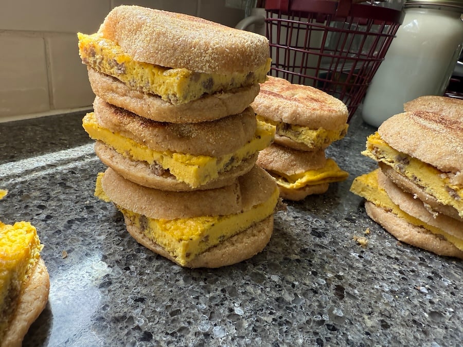 Whole wheat English muffins breakfast sandwiches from sheet pan eggs