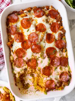 pizza casserole that is a pasta-style baked casserole