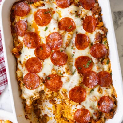 pizza casserole that is a pasta-style baked casserole