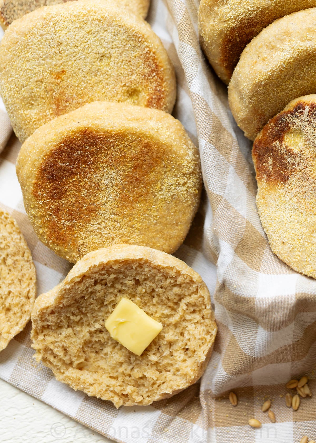 Whole Wheat English Muffins with nooks and crannies (zoom in shot)
