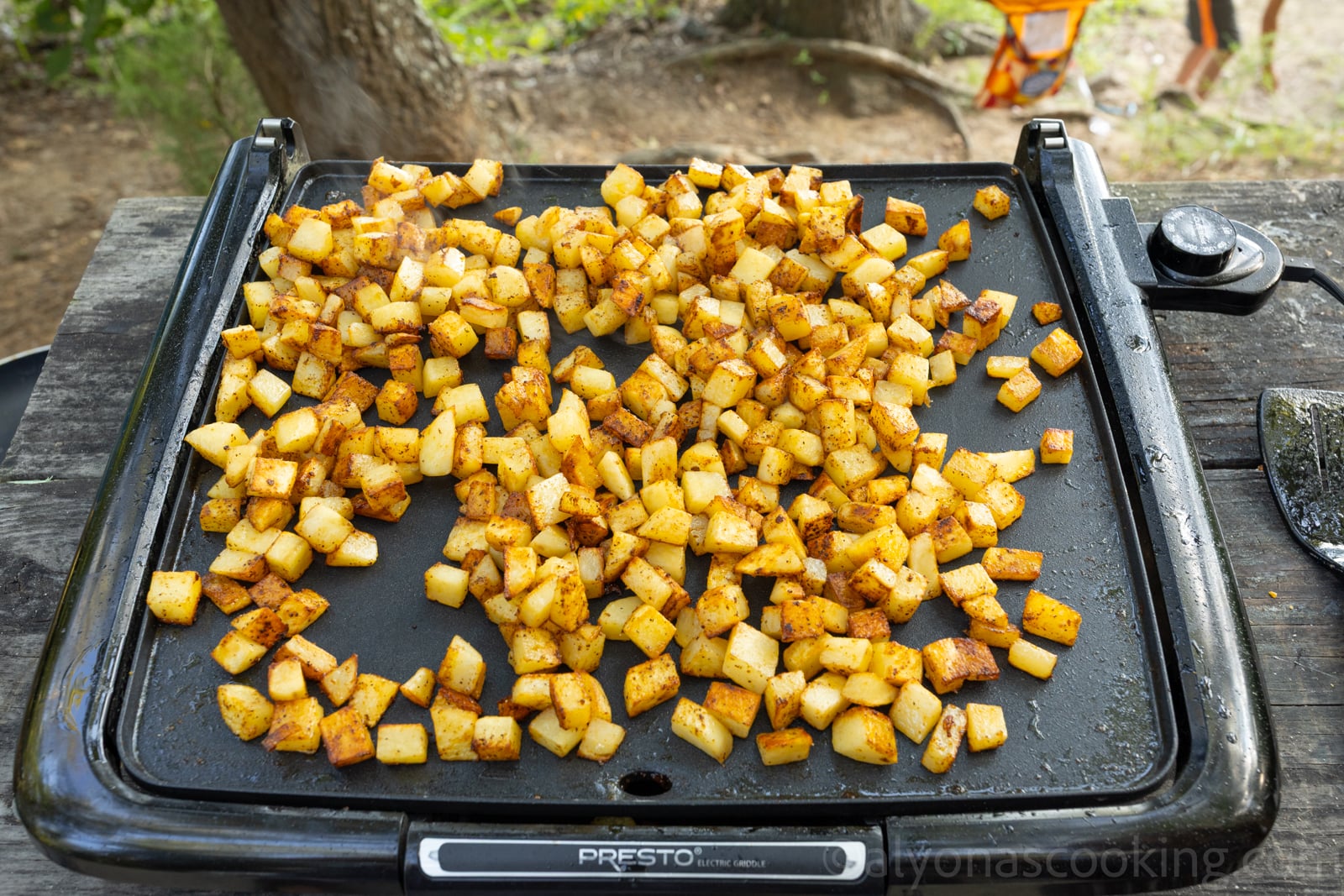 image of how to cook breakfast potatoes on an electric griddle outdoors