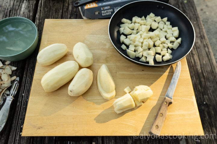 image of russet potatoes being prepared for breakfast (washed and cubed)