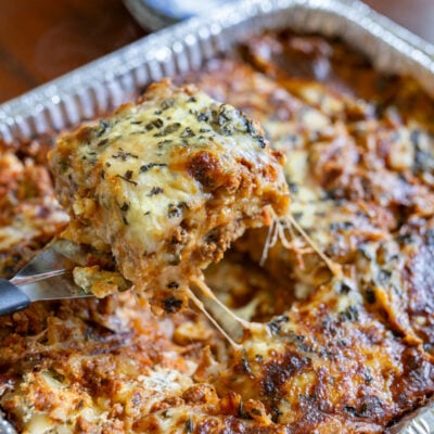 image of baked homemade freezer lasagna in a foil disposable pan