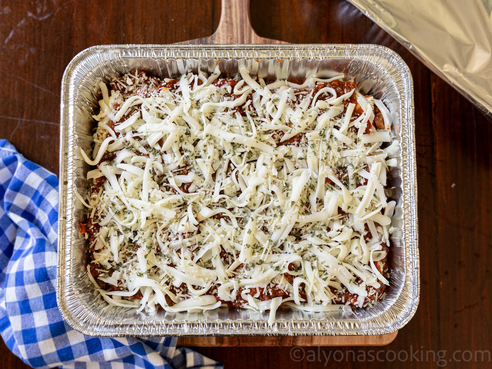image of assembled homemade lasagna ready for the freezer