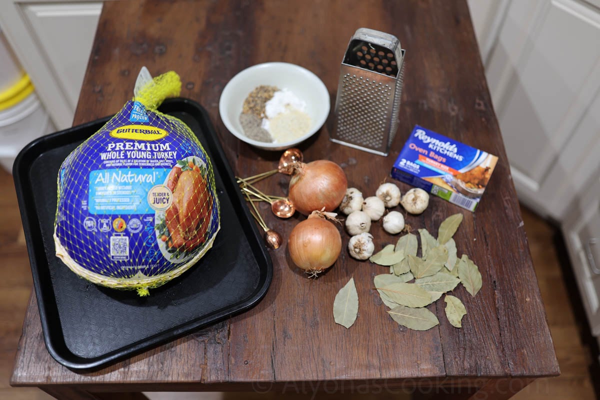 image of all the ingredients for making a Thanksgiving turkey at home 