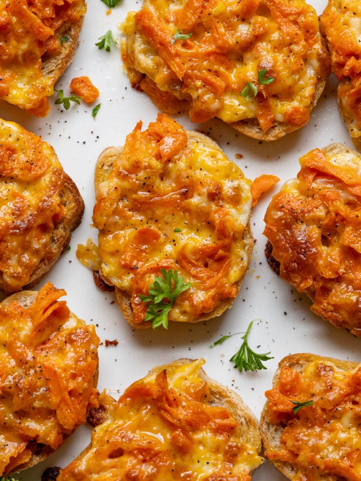 image of toasted carrot canapés on homemade French baguette slices