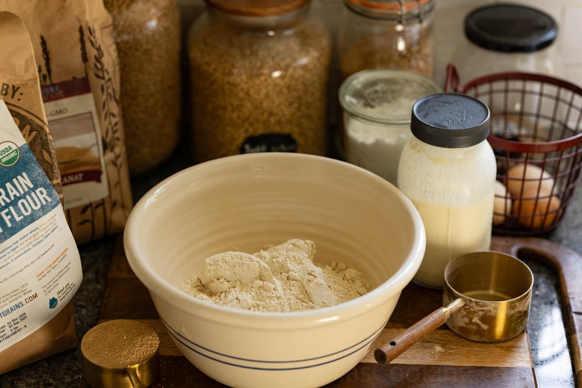 ingredients for einkorn pancakes (whole grain einkorn flour, palm fruit shortening, buttermilk, eggs, baking soda, and salt).