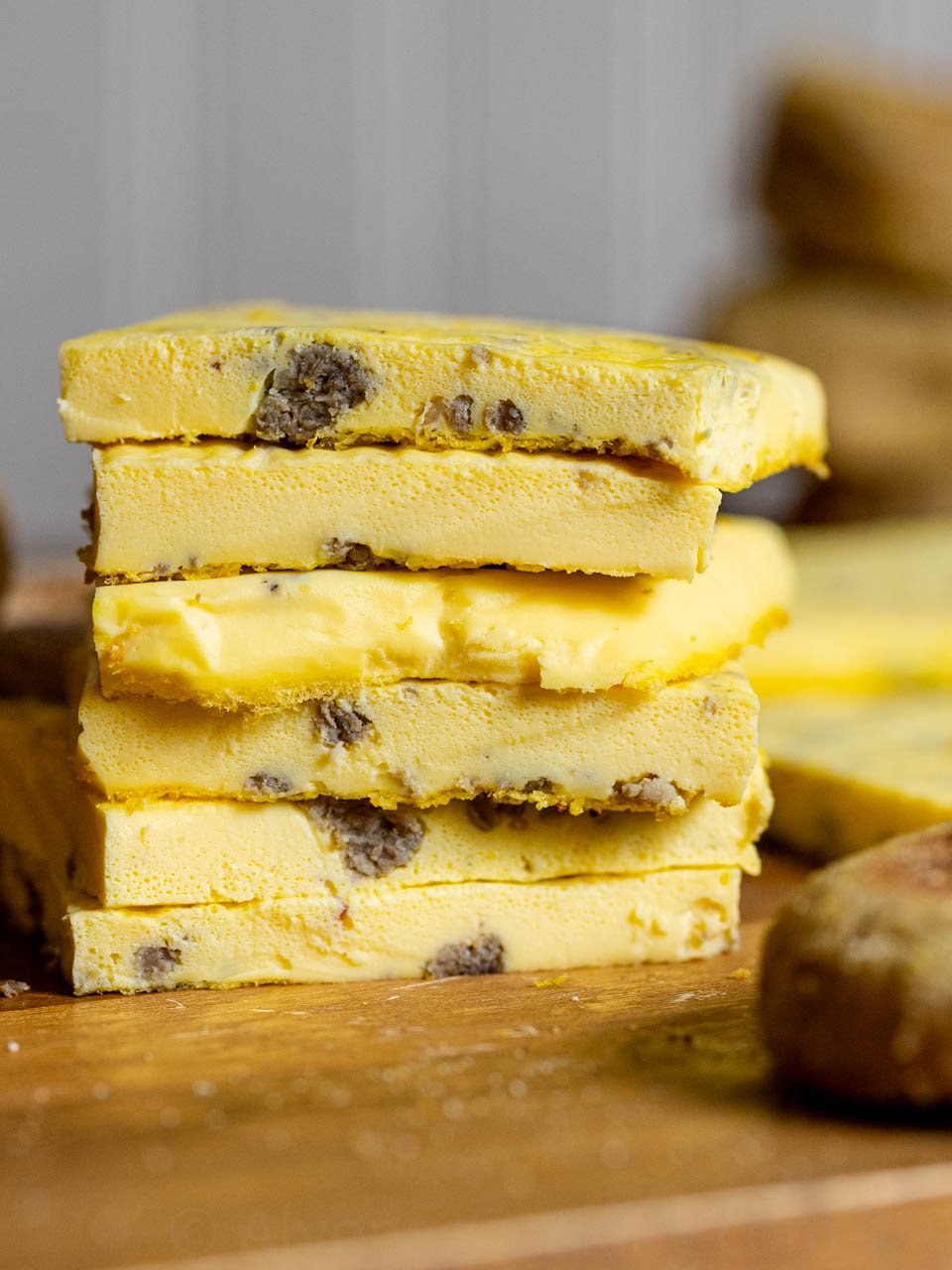 image of sheet pan eggs cut into squares for sandwiches