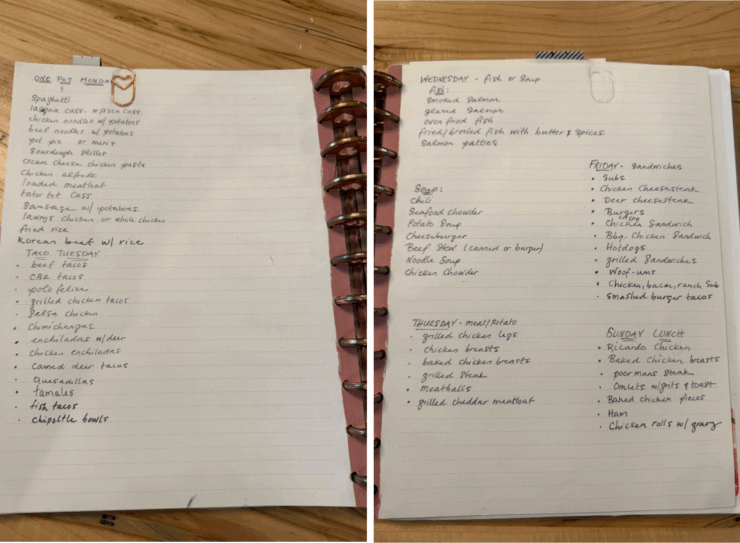 image of hand written lists of meals for meal planning