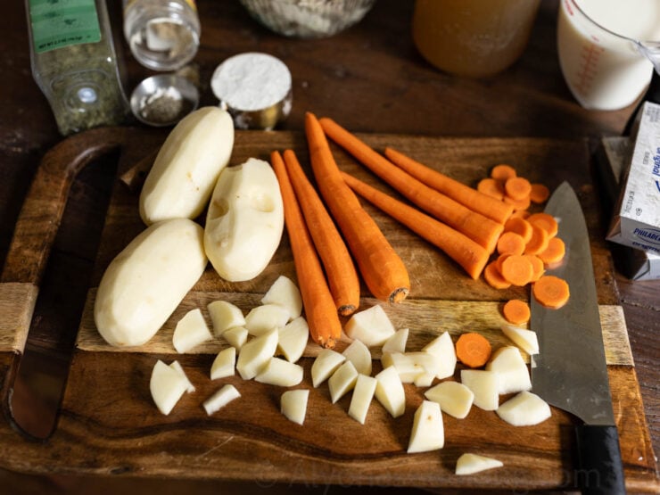 image of chopping carrots and potatoes for chicken chowder