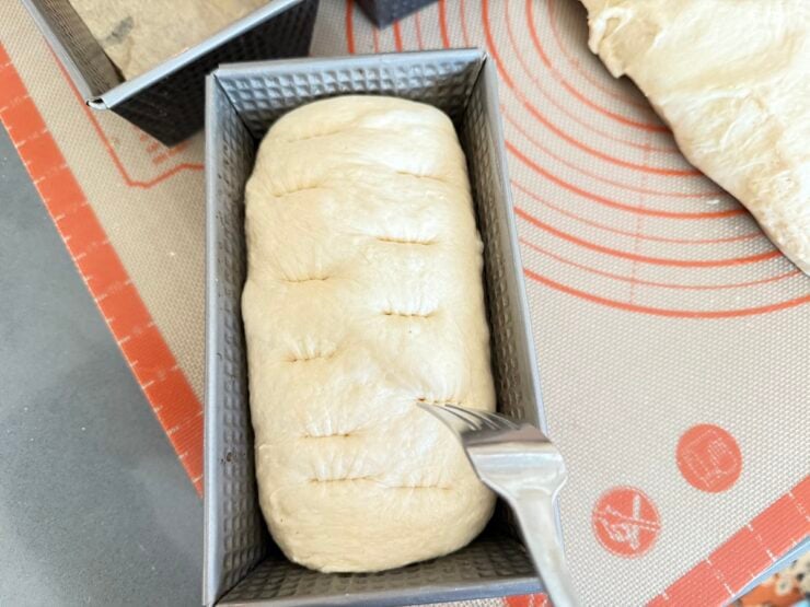 image of sandwich dough being pricked with a fork to remove air bubbles