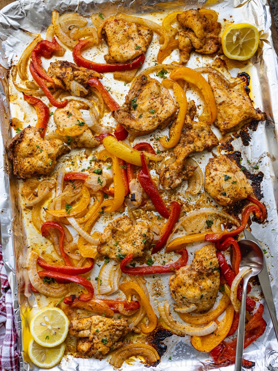 image of Italian chicken and peppers roasted in a sheet pan