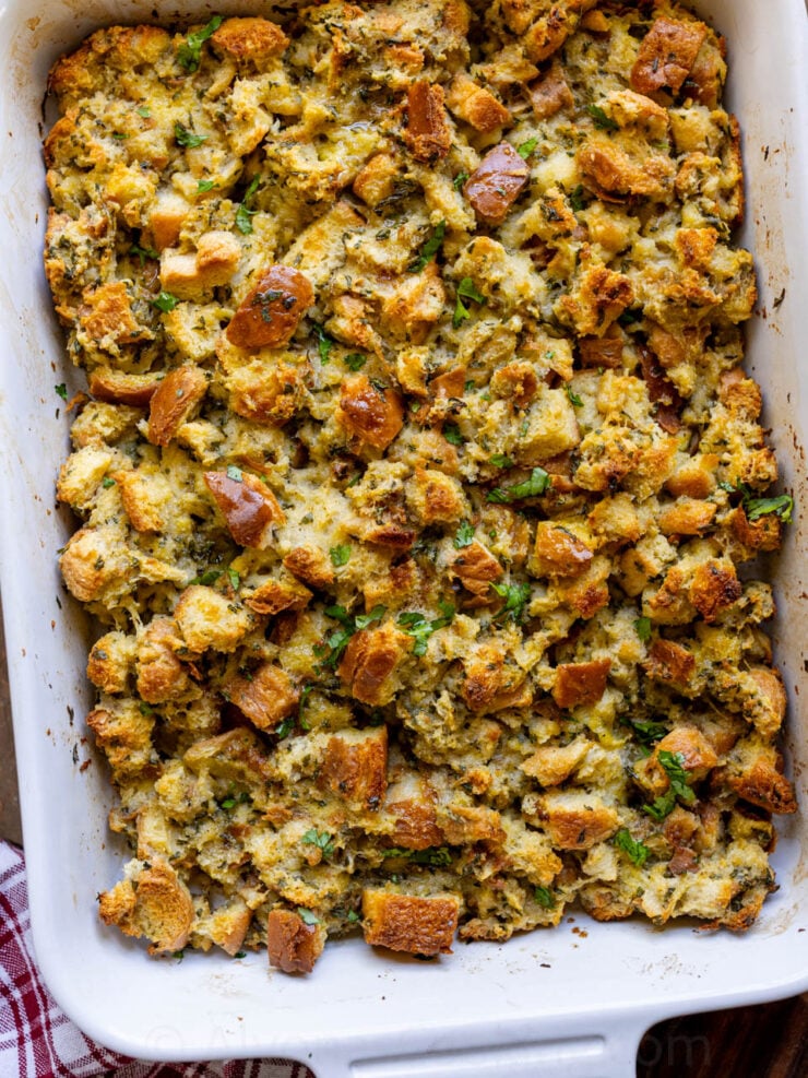 image of a homemade stuffing recipe baked in a pan