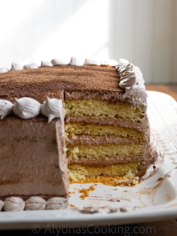 image of a sliced layered sheet cake tiramisu