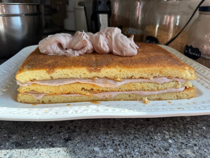 an image of a layered tiramisu cake from from sponge cake layers baked in a sheet pan