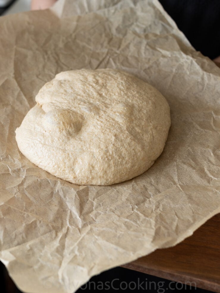 image of a very soft and supple pizza dough made with sourdough and whole wheat flour