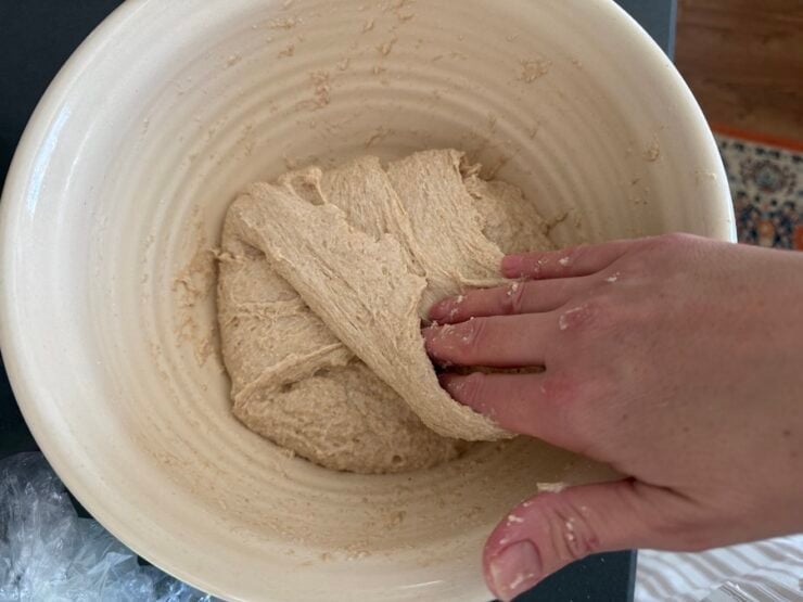 image of sourdough pizza dough made with fresh milled flour. Performing a stretch and fold