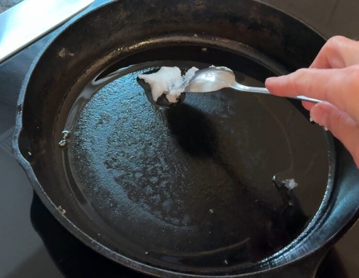 image of preheated cast-iron skillet for Kamut pancakes