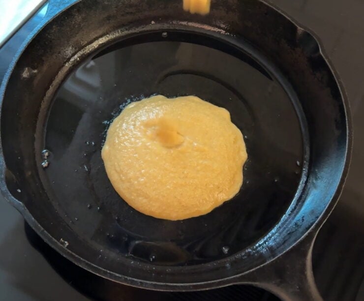 Image of Kamut pancake batter poured into a cast-iron skillet