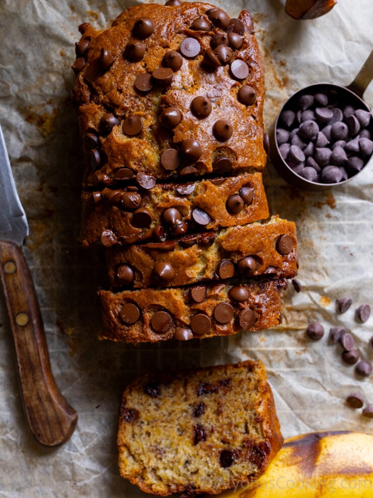 image of a deep brown chocolate chip banana bread recipe