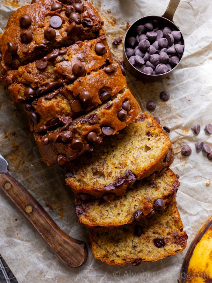 image of a sliced, moist chocolate chip banana bread recipe