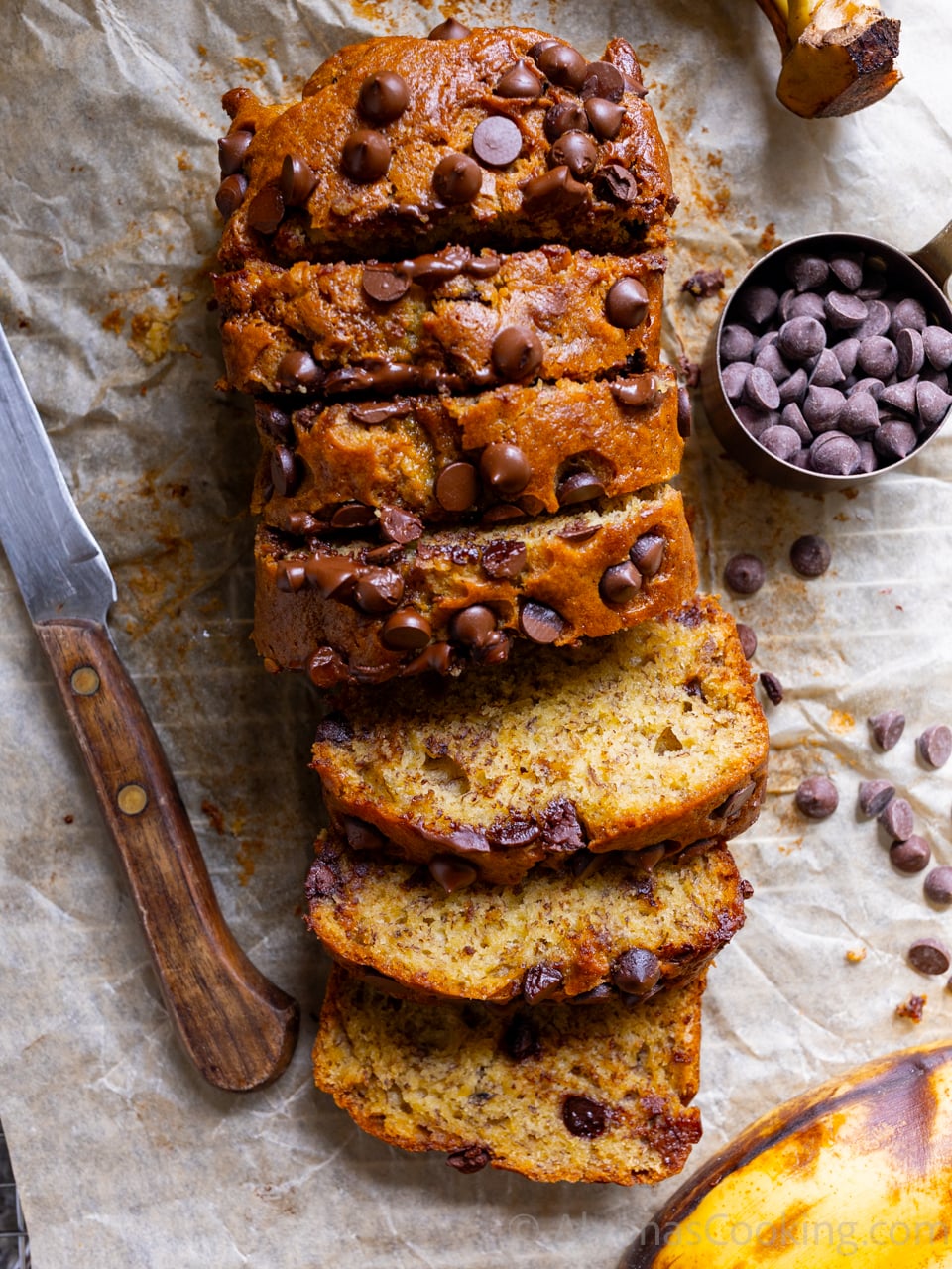 image of an ultra moist chocolate chip banana bread