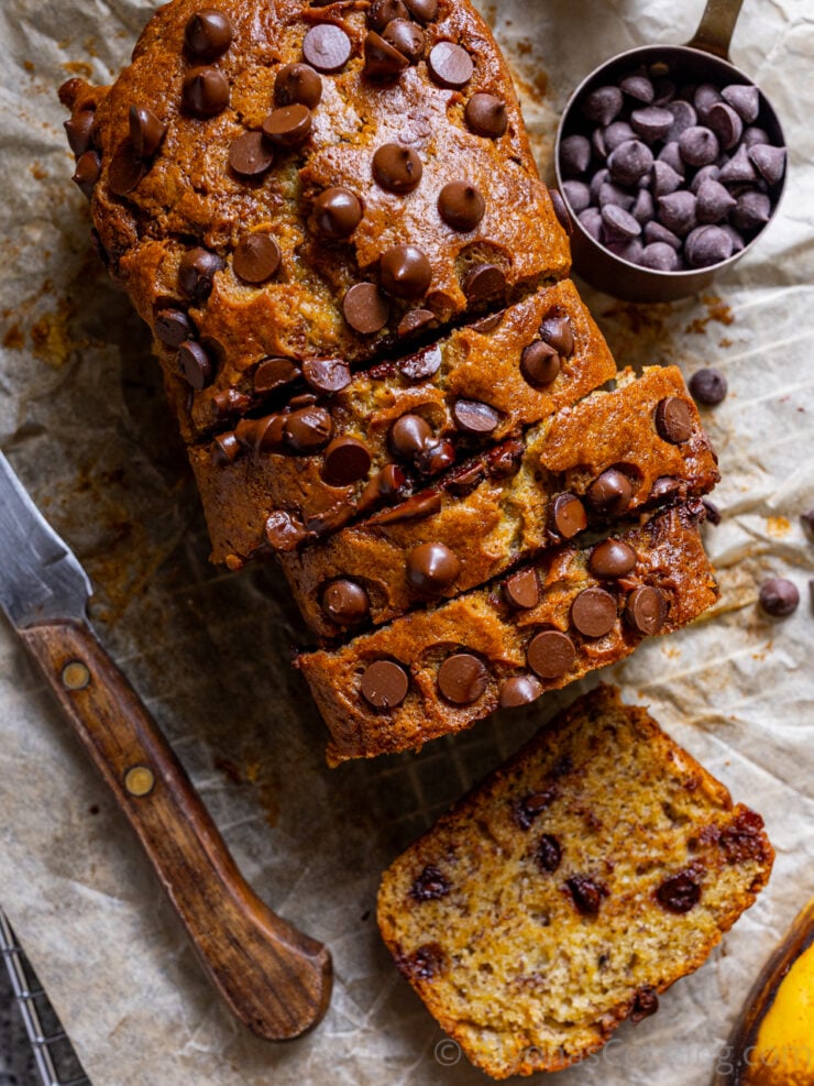 image of a high-moisture chocolate chip banana bread recipe