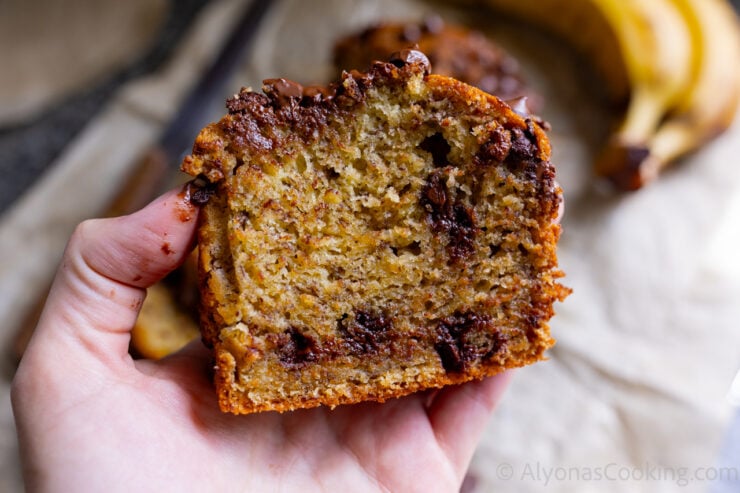 image of a super moist chocolate chip banana bread slice 