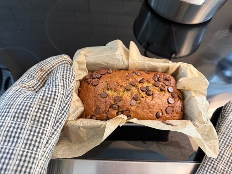 image of a real, perfectly baked chocolate chip banana bread loaf