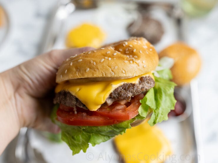 image of an assembled hamburger that was baked in the oven