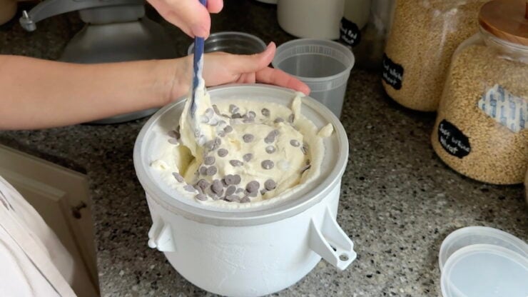 folding in the mint and chocolate chips flavorings to ice cream