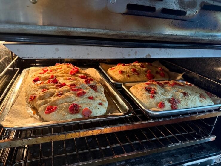 baked roasted tomato and parmesan focaccia bread in the oven