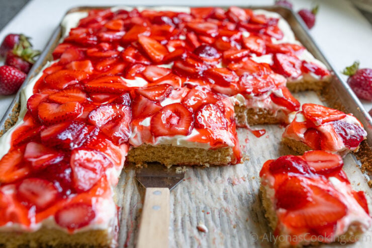 strawberry sheet cake with a glossy topping