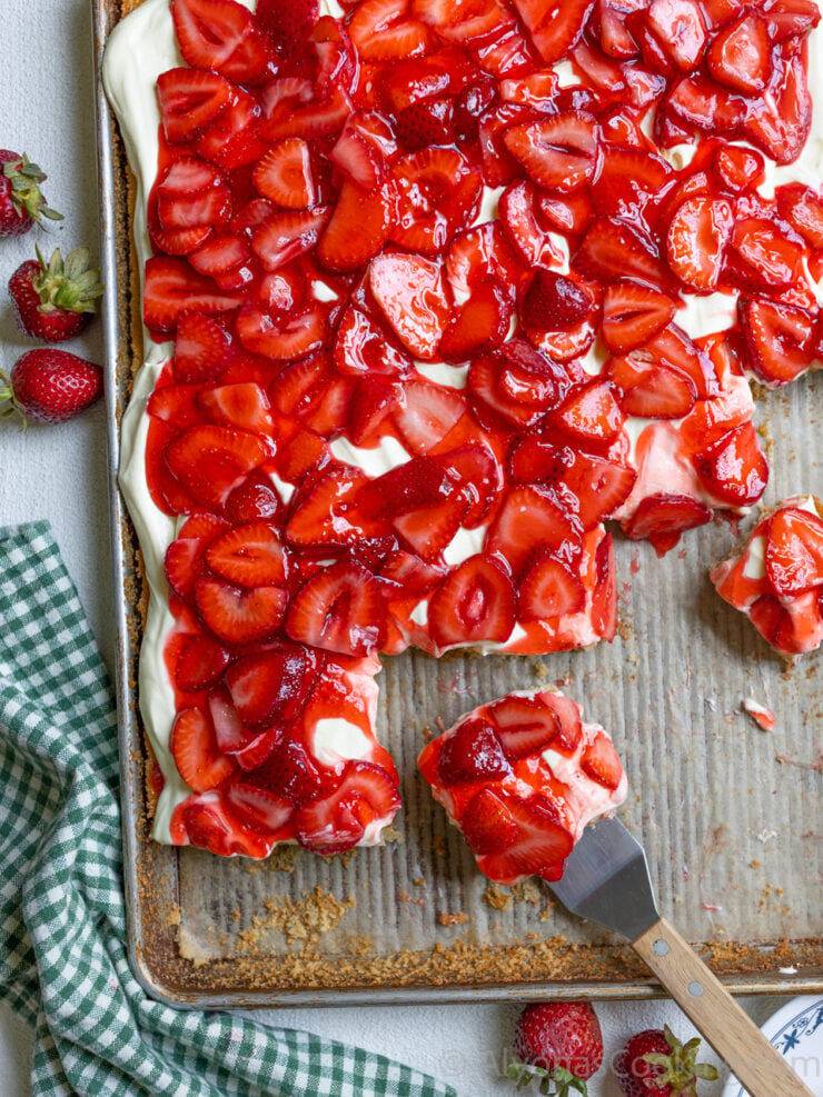 over-head shot of a strawberry sheet cake