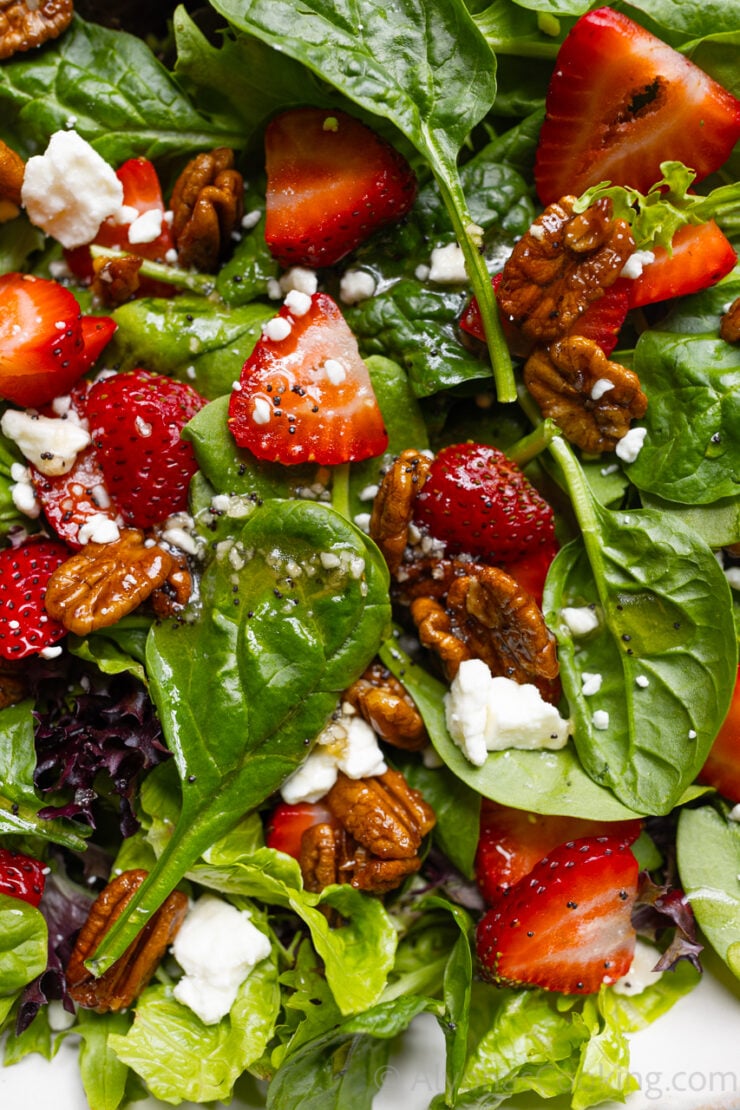 homemade spinach strawberry salad zoomed in (topped with poppy seed dressing, feta, pecans, and fresh strawberries).