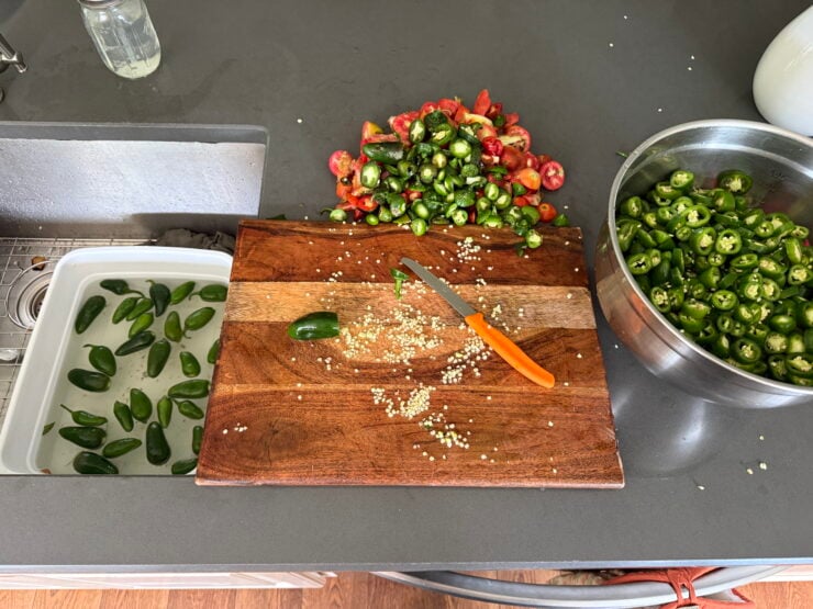 prep for canning pickled jalapeños (slicing jalapeños)