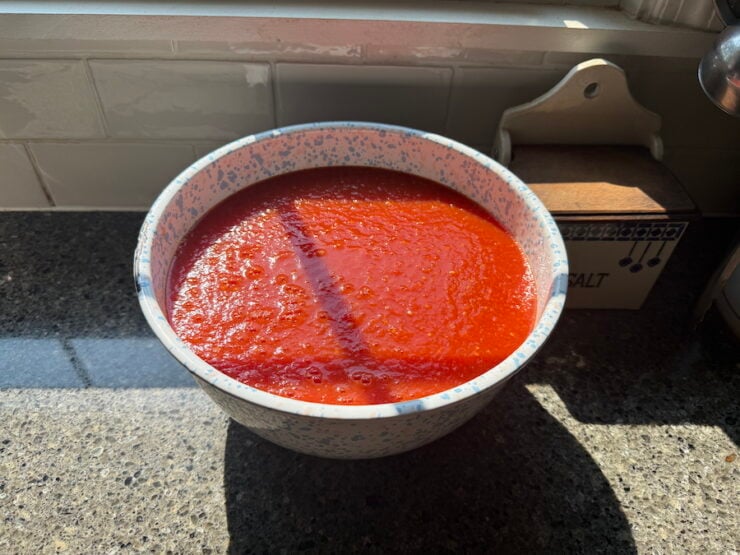 image of pureed garden tomatoes for canned pizza sauce
