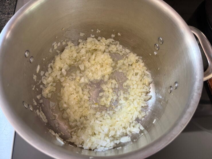 image of sautéed garlic and onion in olive oil for home canned pizza sauce