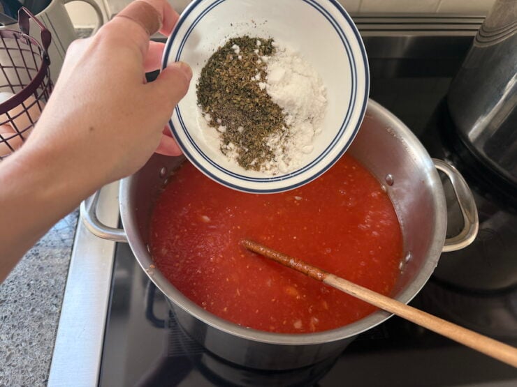 image of Alyona adding spices to canned pizza sauce