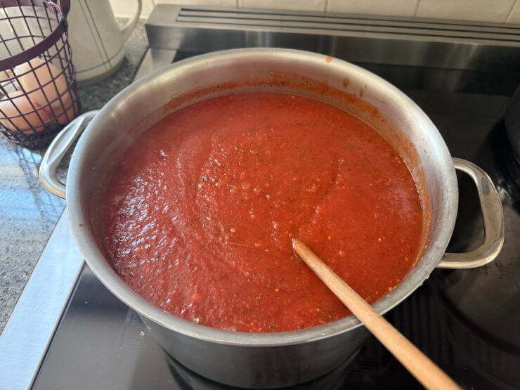 home-canned pizza sauce in a pot before canning