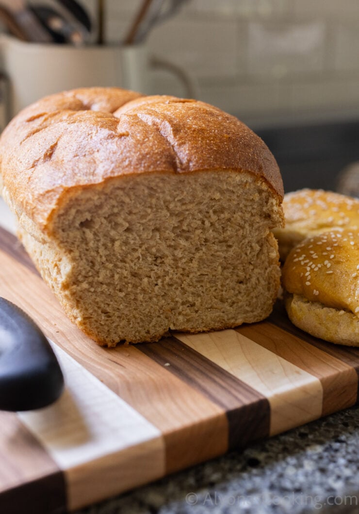 image of super soft and fluffy sourdough sandwich bread made with instant potato flakes